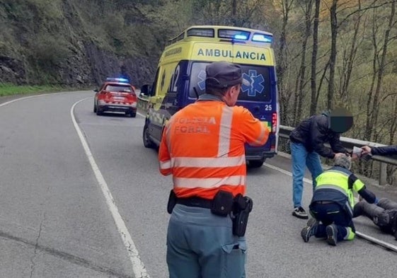 Sanitarios y efectivos de Policía Foral, en el lugar del suceso.