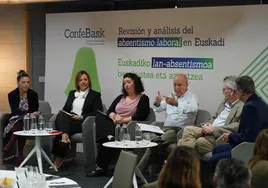 Virginia Múgica (Confebask), Tamara Yagüe (Confebask), Loli García (CC OO), Raúl Arza (UGT), Ramón Aranbarri (departamento de Salud) y José Félix de Jaime (INSS).