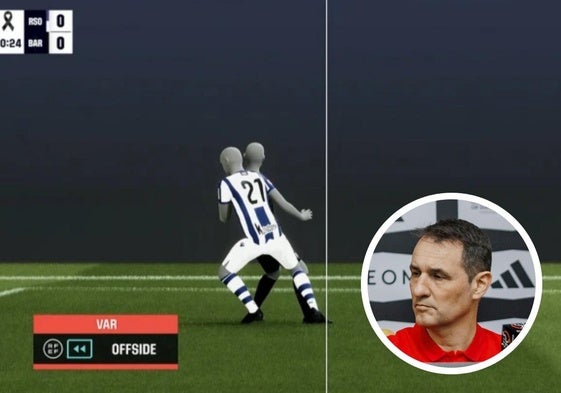 La imagen del VAR que confirmaba el fuera de juego de Robert Lewandowski y, en detalle, el responsable del VAR, Clos Gómez.