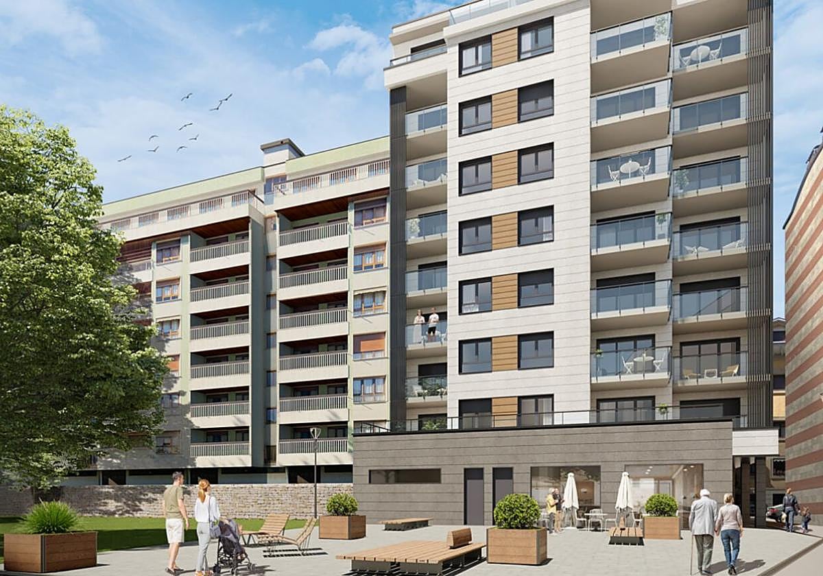 Infografía que recoge con precisión cómo quedará configurada la urbanización con el nuevo edificio de siete plantas de altura.