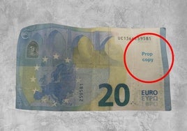 Billete falso de 20 euros en el que se puede ver la frase 'prop copy'