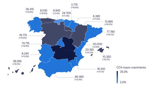 Mapa de contrataciones por Comunidades Autónomas.