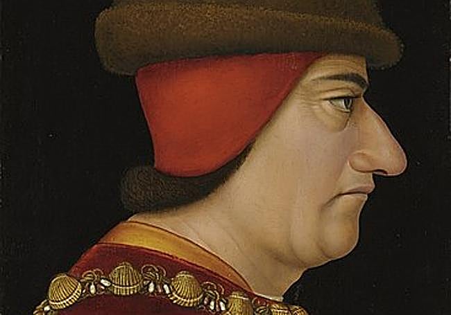 Retrato de Luis XI vistiendo el collar de la Orden de San Miguel. Atribuido a Jacob de Litemont, hacia 1470