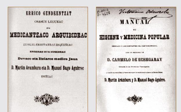 Portadas en euskera y castellano del 'Manual de Higiene y Medicina Popular-Errico Gendeentzat Osasun Legueac eta Medicantzaco Arguibideac euskal-erritarrai esqueiñac'