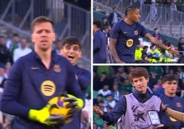 Fotogramas del vídeo en el que varios jugadores del Barcelona marean y se ríen de un recogepelotas del Betis.