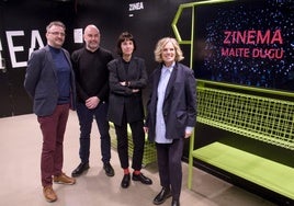 Josemi Beltrán, Joxean Fernández, Maialen Beloki y Edurne Ormazabal, este martes, en Tabakalera, durante la presentación del programa de cine de 2025.