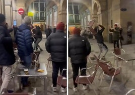 Momentos del incidente en la Consti, con el hombre lanzando varias sillas de la terraza de un bar.