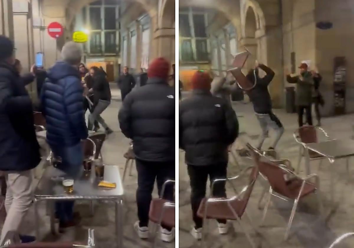 Momentos del incidente en la Consti, con el hombre lanzando varias sillas de la terraza de un bar.