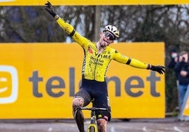 Wout van Aert celebra la victoria en el Superprestigio de Gullegem.