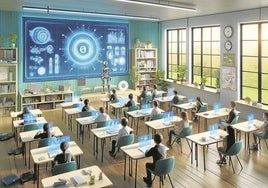 Futuro. Ilustración gráfica de cómo podría ser un aula de Primaria en un futuro no muy lejano, en el que primaría la tecnología.