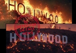 Dos imágenes falsas del fuego rodeando el icónico cartel de Hollywood.