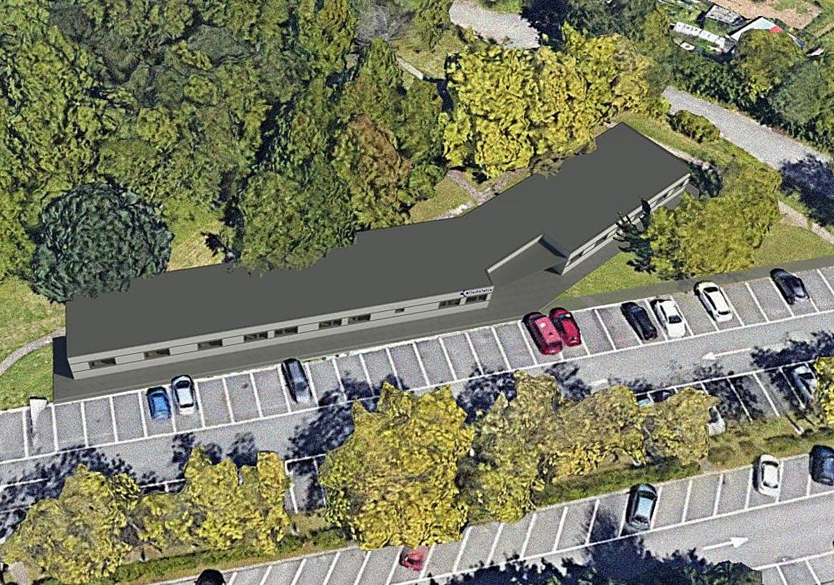 Imagen principal - Fotomontaje del edificio modular que Salud está construyendo junto a uno de los aparcamientos del Hospital del Bidasoa.
