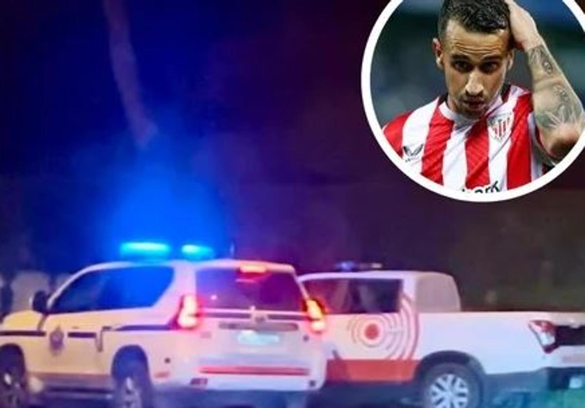 Agentes de la Ertzaintza, anoche en el acceso a la vivienda del jugador del Athletic, en la localidad vizcaína de Mungia.