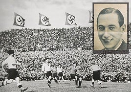 Isidro Lángara disputando un partido con España ante Alemania en Colonia con la presencia de Hitler en la grada.
