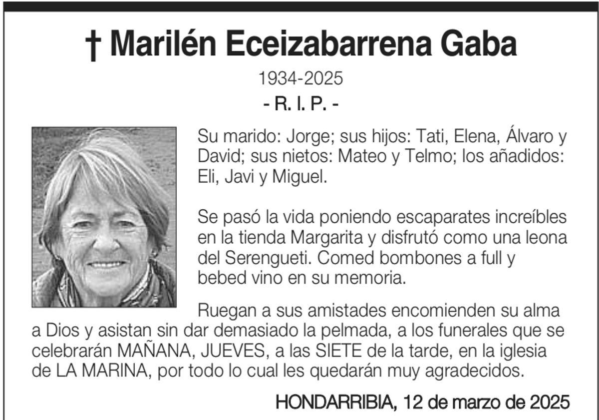 Imagen principal - Esquela de Marilén publicada en DV, acompañada de una foto de David de Jorge con ella y un dibujo diseñado por la familia en su memoria.