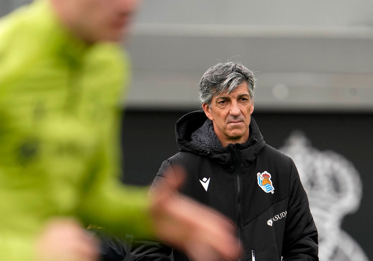 Imanol, durante el entrenamiento de hoy en Zubieta.