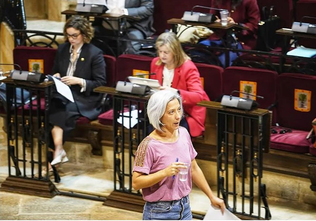 La portavoz de Podemos en las Juntas Generales de Bizkaia, Eneritz de Madariaga, pasa por delante del escaño de la diputada general durante el pleno en Gernika