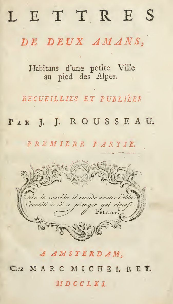 Portada de la primera edición de La nueva Eloïse de J. J. Rousseau. 1761.
