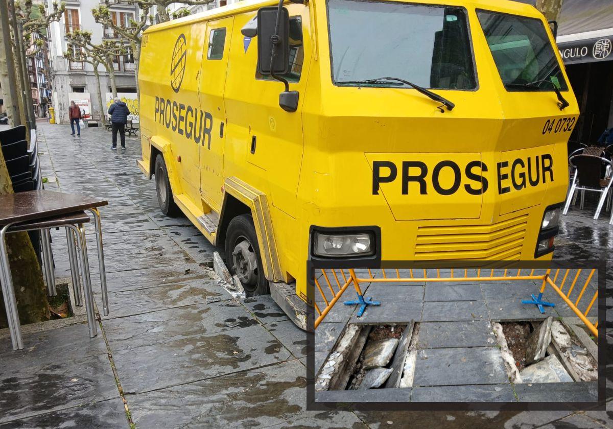 El atasco de un furgón blindado en el centro de Tolosa: tres horas de rescate con una grúa gigante