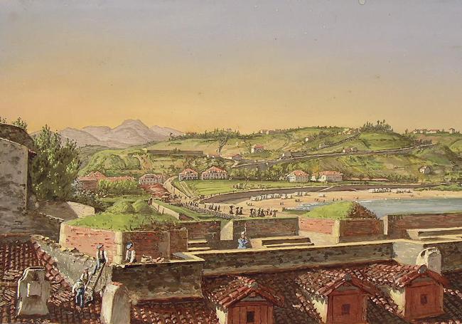 El San Sebastián visto por Bismarck. La bahia y las fortificaciones de Urgull. Acuarela de Didier Petit de Meurville (1860).