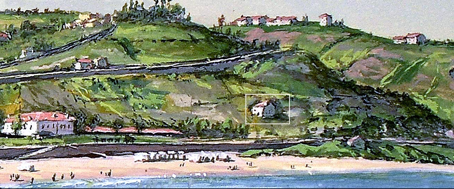 Imagen secundaria 1 - Torres Maskorgain en la actualidad. Debajo, el caserío Matxilanda (enmarcado) en la ladera de Miraconcha en un cuadro de Petit de Meurville hacia 1860.
