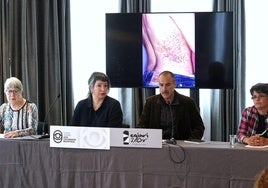 Iratxe Urizar (Behatokia) y el abogado Larrarte, flanqueados por Garaialde y Esteran (Egiari Zor).