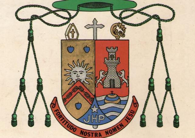 Escudo episcopal de Pildain, obispo de Canarias. Las tres panelas de azur de la izquierda representan a Lezo; el sol de plata y las cadenas, por el apellido Pildain; y la divisa o lema, «Fortitudo nostra, nomen Jesu» (nuestra fortaleza, el nombre de Jesús), está tomado del escudo de armas de los Zapiain.