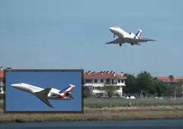 Dos vistas de las imágenes captadas este martes desde el aeropuerto de Hondarribia del Falcon 900 del ejército de aire francés.