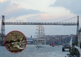 El buque escuela de la Armada de México al cruzar por el Puente Colgante en 2007; en el detalle, el navío tras chocar con el puente de Brooklyn.