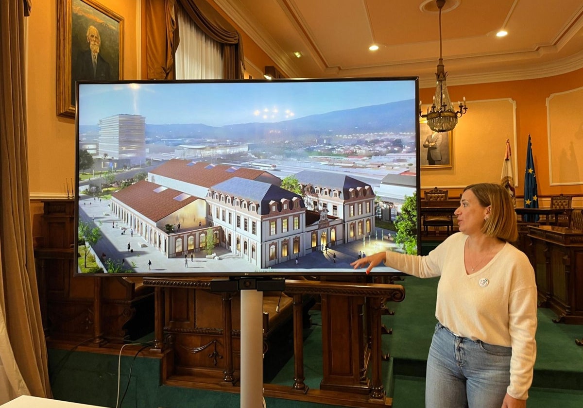 La alcaldesa, Cristina Laborda, junto a la inforgrafía que recoge el aspecto aproximado que se le quiere dar a la antigua Aduana.