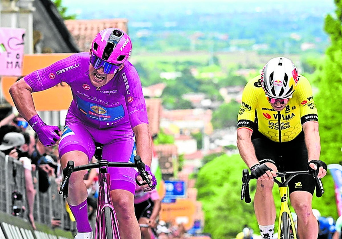 Pedersen celebra su triunfo ante Van Aert en Monte Berico.