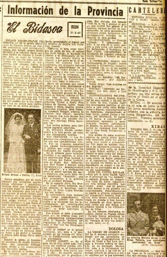 Fotos de bodas entre las crónicas locales del 31 de mayo de 1945 en DV