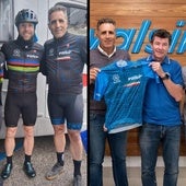Igor Astarloa, Asier Illarramendi e Indurain, quien posa también con Giani Bugno y Marino Lejarreta.