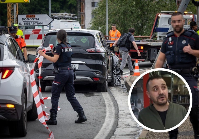 El vehículo de los sospechosos, estrellado contra una farola en la rotonda de Altamira.