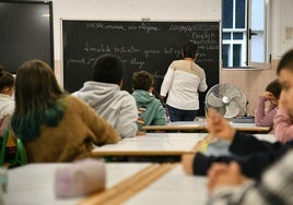 Una profesora guipuzcoana imparte clase a unos niños de Primaria.