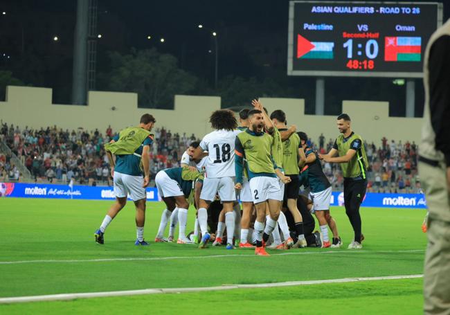 La celebración del 1-0 que daba a Palestina el pase.
