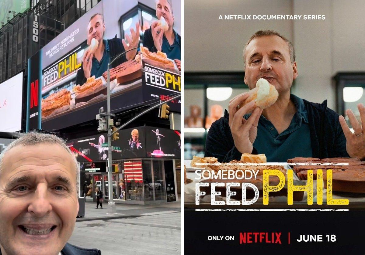 El cartel del famoso programa de Netflix en las que aparece la pastelería Otaegui en las pantallas de Times Square en Nueva York.
