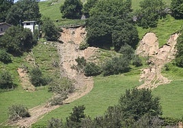 Los dos desprendimientos en la ladera que cuelga del barrio Orietape de Ibarra, con varios árboles arrancados de raíz debido a la fuerza del agua.