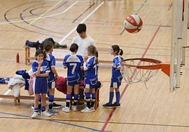 Unas niñas de un colegio donostiarra escuchan a su entrenador en el transcurso de un partido de baloncesto este curso.