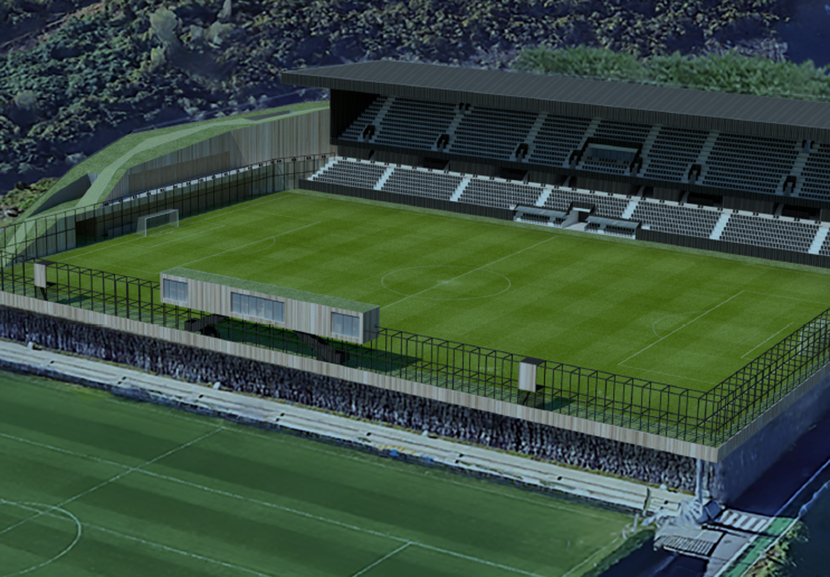Imagen principal - Recreación del estadio, vistas de las gradas en obras y puesto para la televisión.