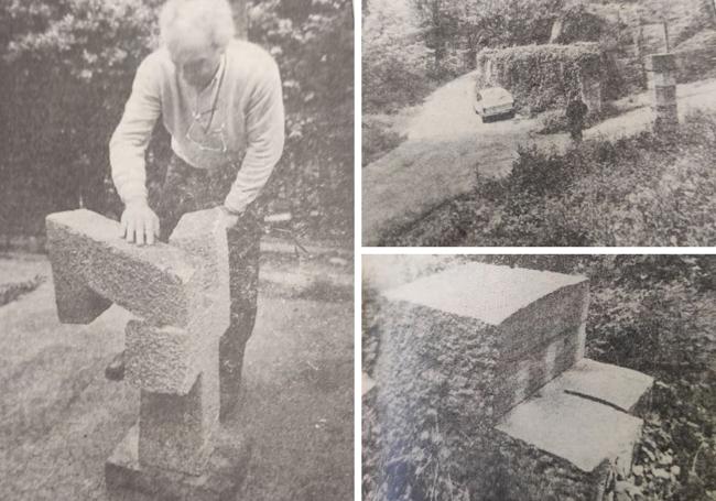 Fotos de la información de DV con Chillida con la escultura recuperada y dos imágenes de cómo estaba en Martutene.