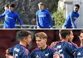Zubimendi, Odegaard y Merino en un entrenamiento de la Real en 2019 y, abajo, Zubimendi junto al noruego en el debut con el Arsenal.