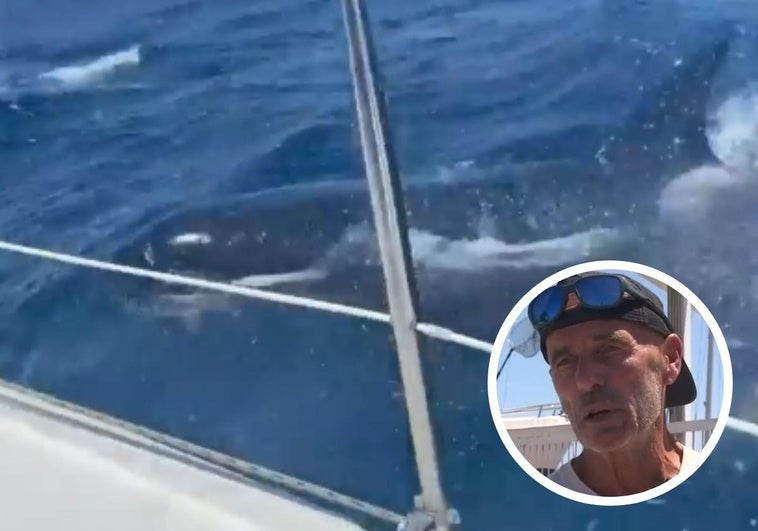 Uno de los tripulantes del velero zarandeado por las orcas frente a Deba junto a un fotograma del vídeo grabado por ellos.