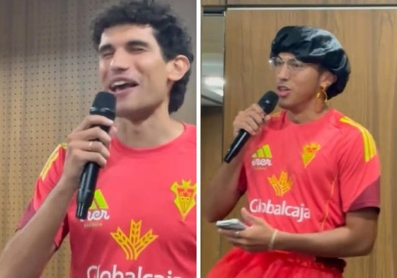 Jesús Vallejo y Jonathan Gómez cantando micrófono en mano en la cena del Albacete.