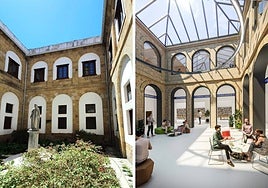 Patio interior del convento y el fotomontaje que muestra cómo puede quedar tras la rehabilitación.