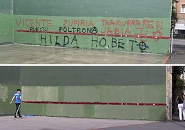 Arriba, las pintadas aparecidas ayer en el frontón de Hernani. Abajo, el frontón hoy ya sin pintadas