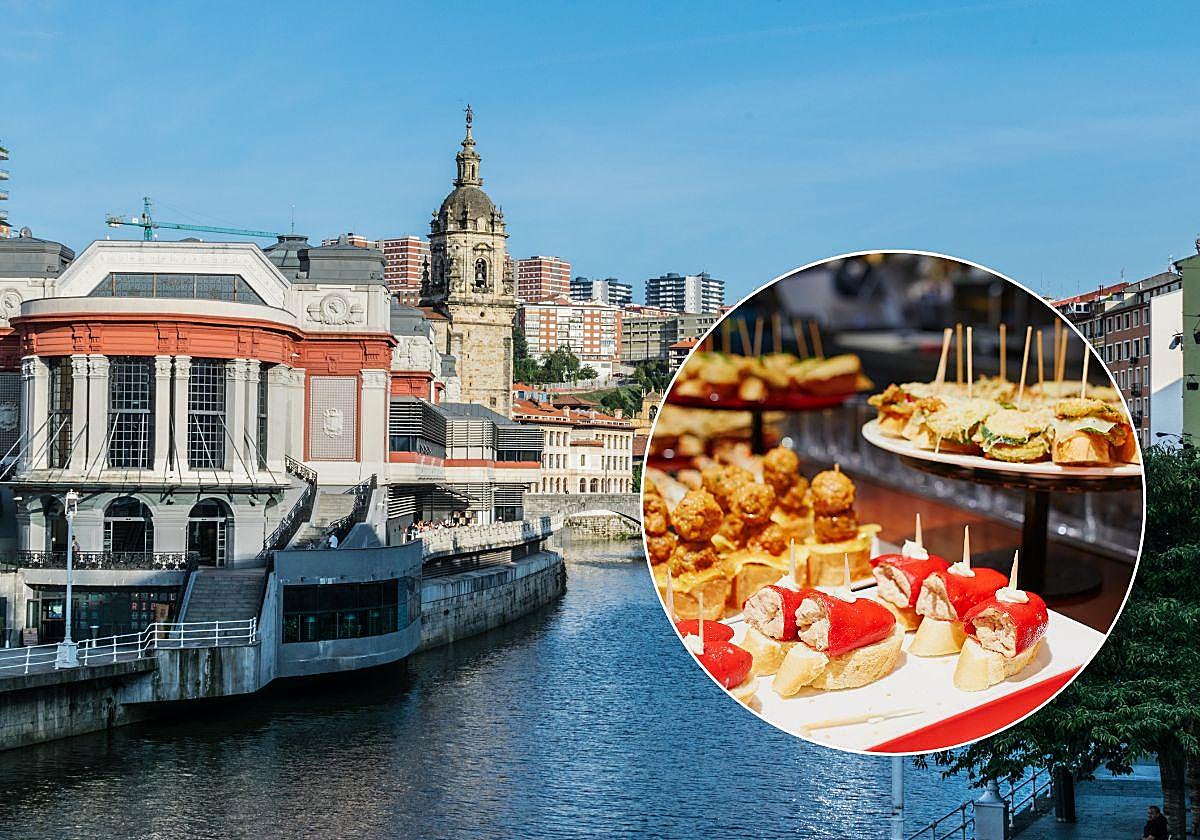 Mercado de La Ribera de Bilbao y una barra con pintxos en San Sebastián.