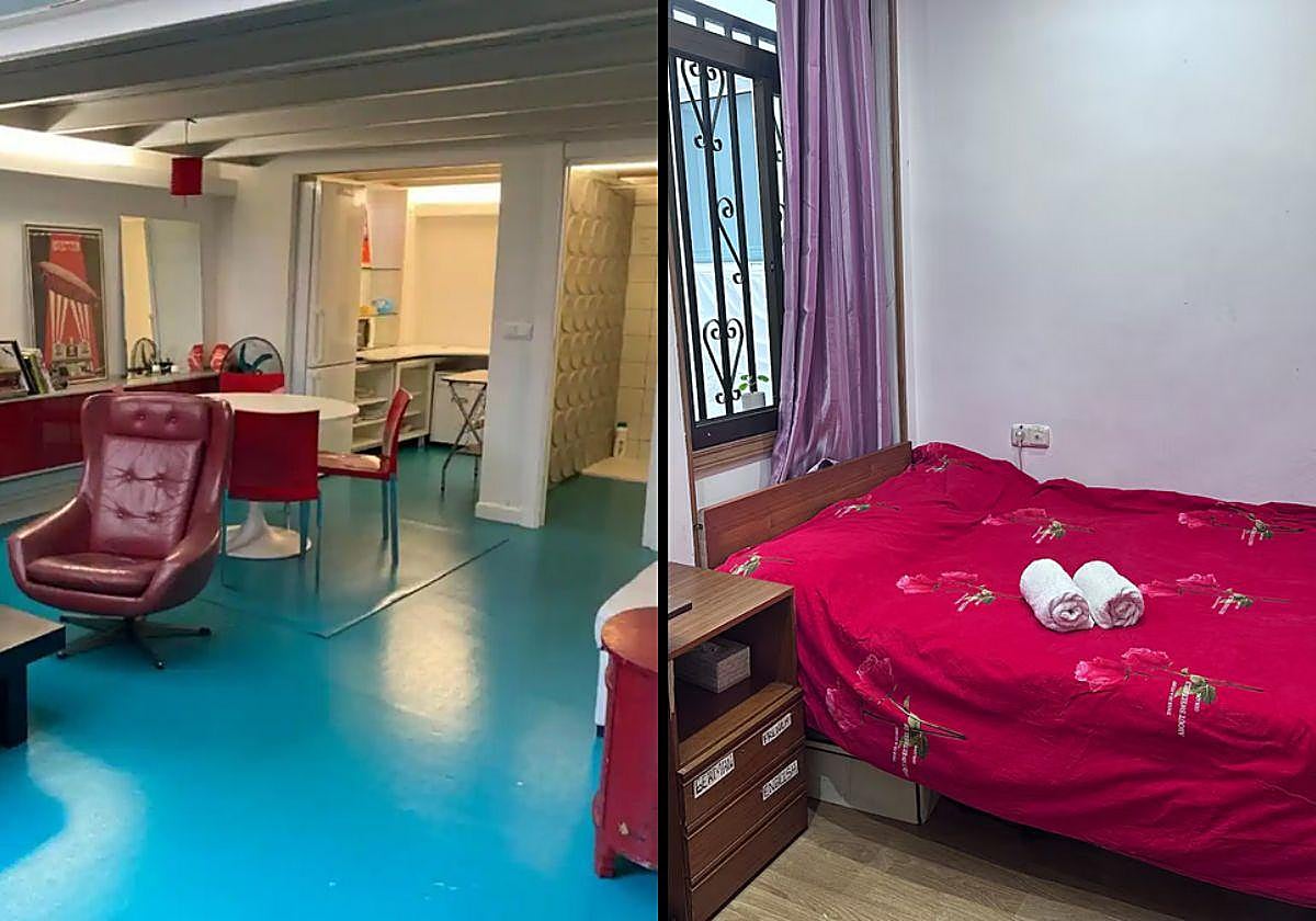Vista del loft que se alquila por más de 2.000 euros la noche (izquierda) y de la habitación en Gros que cuesta 104.