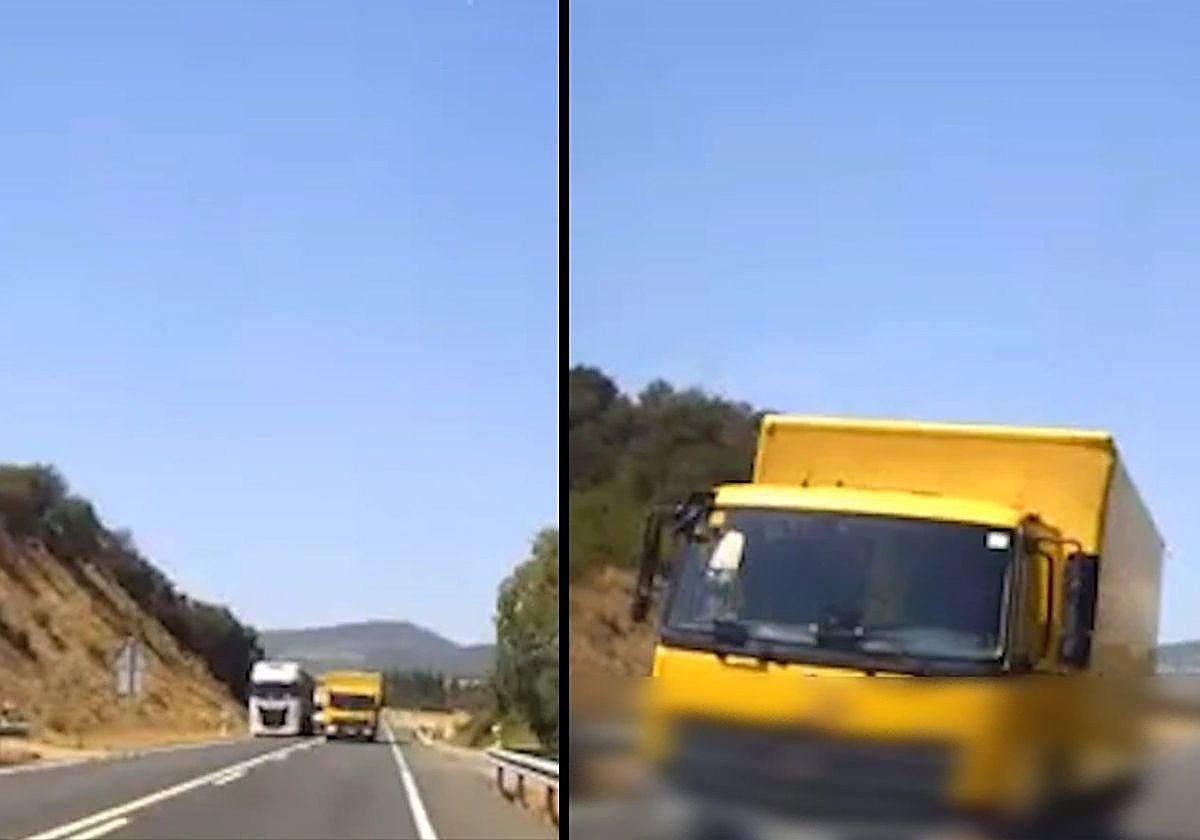 El camión adelantando indebidamente por el carril en sentido contrario.