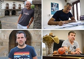 Arriba, el alcalde de Belauntza, Iñaki Telleria, posa ante su Ayuntamiento, y Jon Zibizarreta, alcalde de Abaltzisketa, en su despacho; abajo, Endika Igartzabal, alcalde de Gabiria, en la plaza del ayuntamiento, y el regidor de Ezkio-Itsaso, Joseba Telleria, en su despacho.